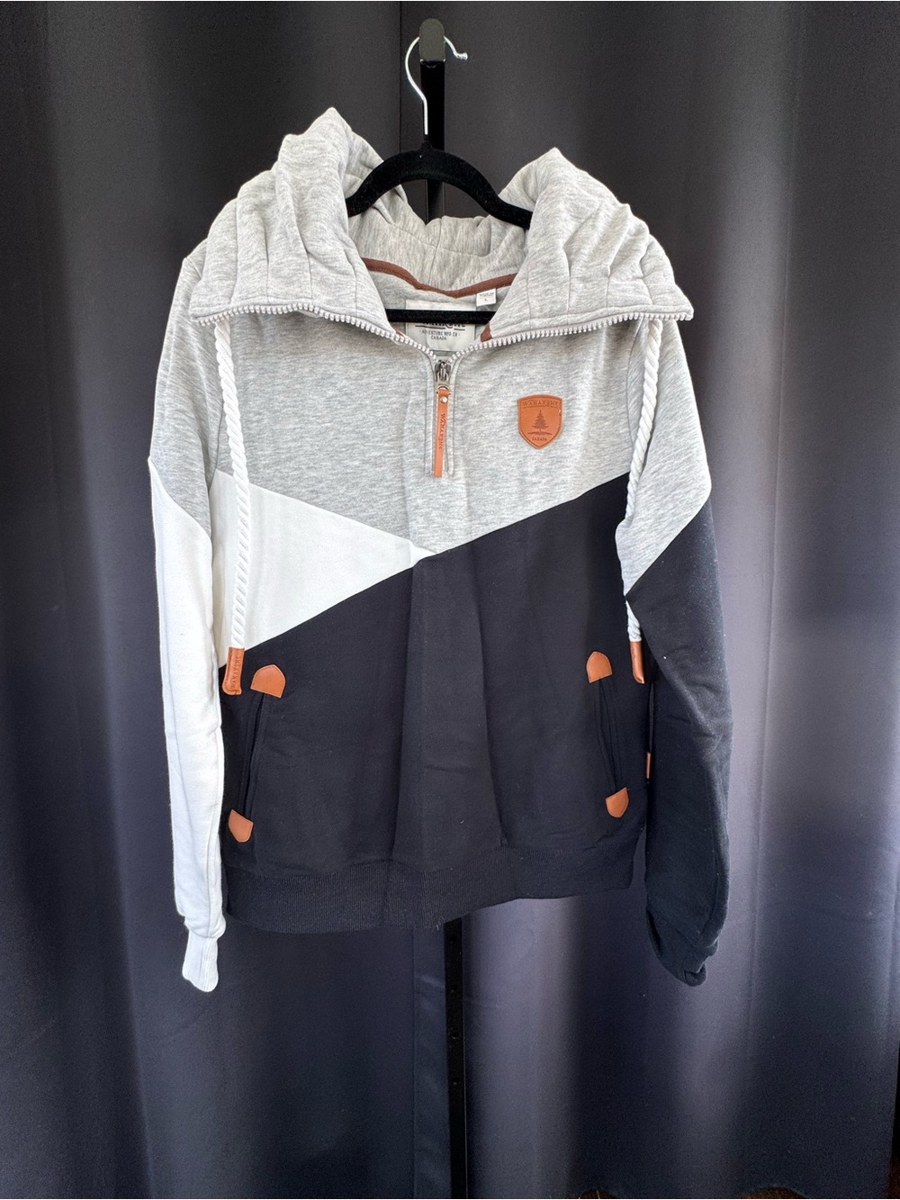 Wanakome Colorblock Hooded Sweatshirt in Gray, White & Black with Brown Accents